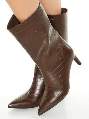 Forever 21 Brown Faux Crocs Embossed Pointed Toe Slip On Calf Length Boots SZ 6